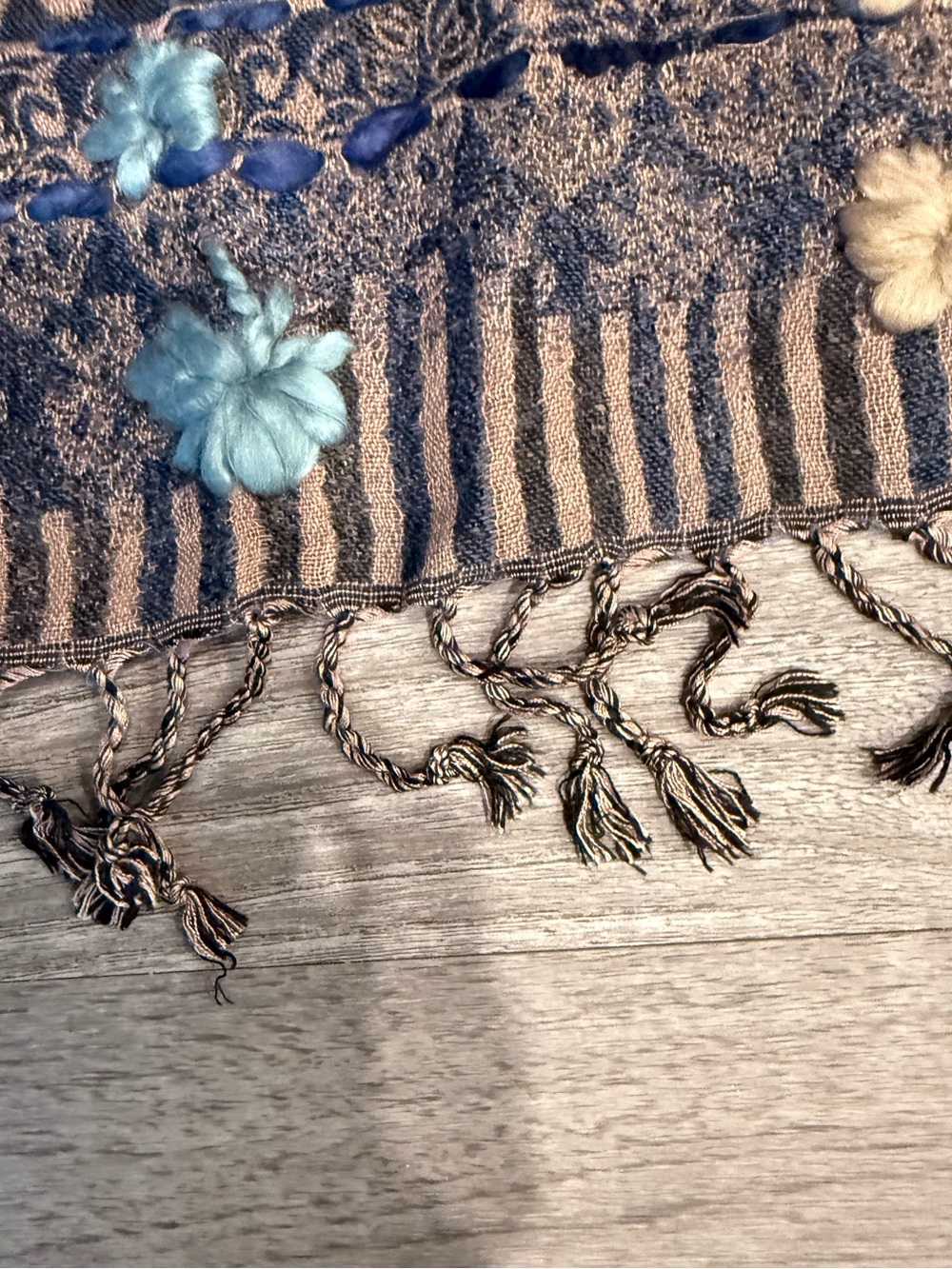 Aratta Taupe and Navy Embroidered Scarf/Runner - Picture 4 of 10